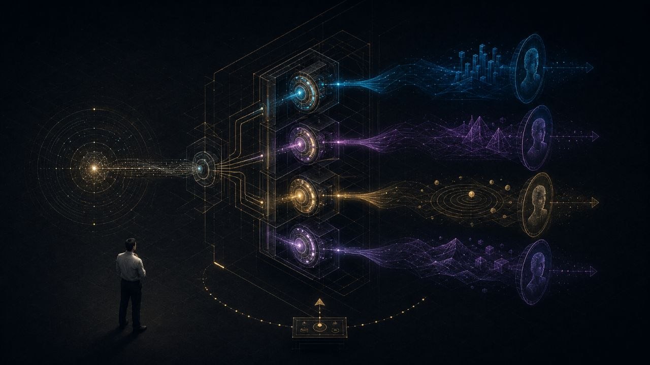 AI data analytics and segmentation, conceptual neon illustration of data flows